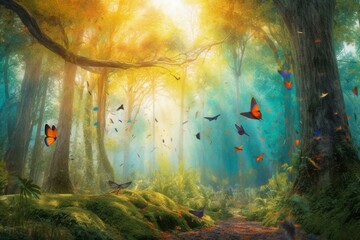 A colorful digital watercolor painting of a forest landscape with birds, butterflies, and trees. Generative AI