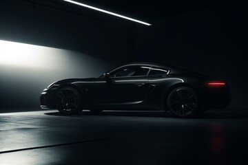 Fototapeta na wymiar A sleek black car in a bright studio setting. Generative AI