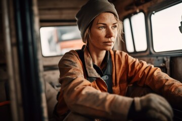 Candid photo of a female industrial heavy equipment operator, determination, confidence, strength as she operates machinery, competence and resolve in a male-dominated field, generative ai