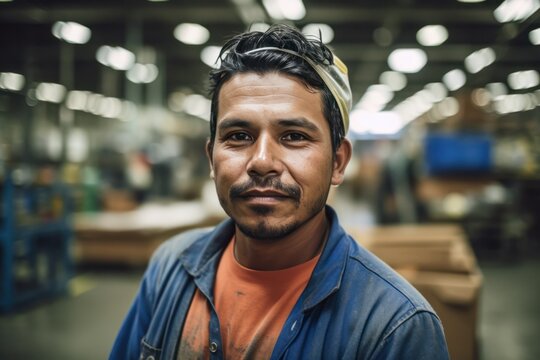 Young Hispanic worker standing on the factory floor, exuding a sense of pride and gratitude for his work, dedicated, positive demeanor reflects a strong work ethic and fulfillment, generative ai