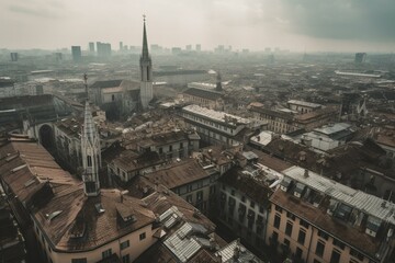 Fototapeta na wymiar Aerial view of Milan city roofs under the cloudy sky. Generative AI