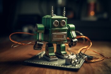 Angry robot holds green circuit board in vintage tin toy. Generative AI