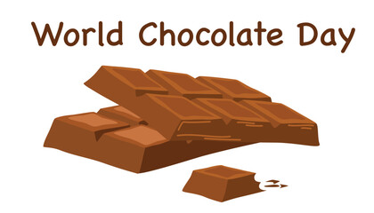 World Chocolate Day. Bar of chocolate, a broken piece of sweet dessert. Ideal for printing, products, postcards. Cartoon vector illustration isolated on the white background. 