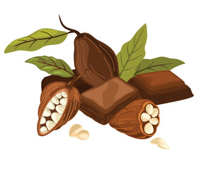 Chocolate bar and cocoa beans. Sweet dessert. World Chocolate Day. Ideal for printing, products, postcards. Cartoon vector illustration isolated on the white background. 