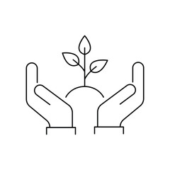 two hands holding black thin line plant with leafs. concept of linear small human palm with ground. lineart peace logotype graphic stroke art sign design web simplicity element isolated on white