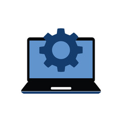 blue laptop with gear icon like tech support. flat trend modern simple logotype design web element isolated on white background. concept of development or devops service badge and download program