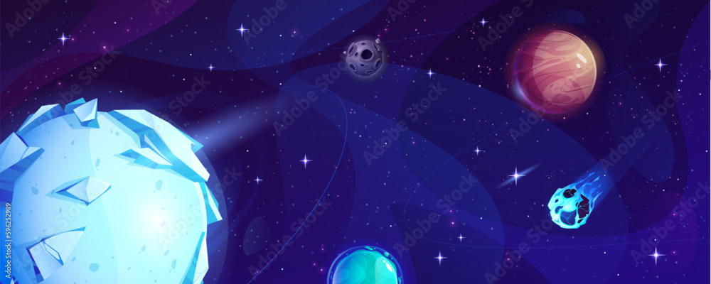 Poster cartoon space universe background with planet. galaxy with meteorite illustration for game gui. vect