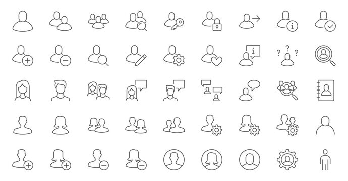 User line icons set. People avatars, man and woman, team, group, anonymous gender portrait, person vector illustration. Outline signs for profile login. Editable Stroke