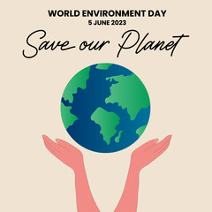 World Environment Day Vector illustration Green Background with Globe, Flowers & Leaf