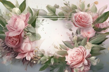 Wedding illustration with pink watercolor flowers and light green leaves in a square frame. Generative AI