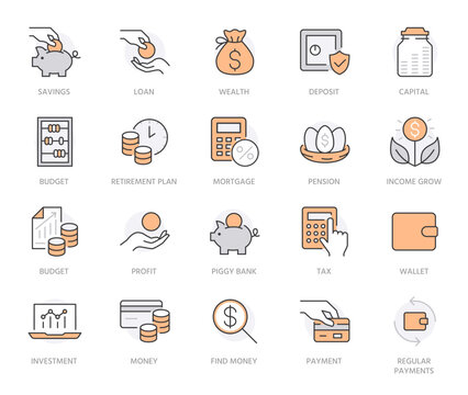 Money income line icon set. Pension fund, profit growth, piggy bank, finance capital minimal vector illustration. Simple outline signs for investment application. Orange color. Editable Stroke