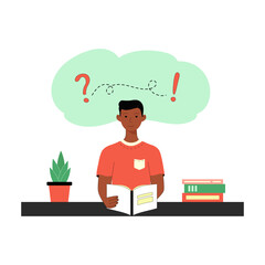 Self improvement, brainstorming, education, studying, reading a book flat vector illustration. Classes, lessons, training courses concept. Young black man reading. Cute illustration of a book lover