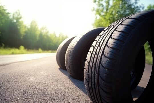 Summer tires on the asphalt road in the sun - time for summer tire