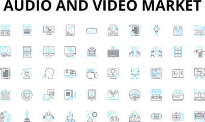Fototapeta na wymiar audio and video market linear icons set. Sound, Visuals, Speakers, Headphs, Amplifiers, Microphs, High-definition vector symbols and line concept signs. Surround,Recording,Playback illustration