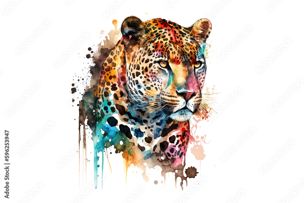 Poster leopard is drawn with multi-colored watercolors isolated on a white background. generated by ai