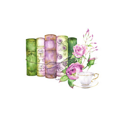 Watercolor clipart composition with vintage books, flowers, romantic arrangement on transparent background, great for scrapbooking and crafts