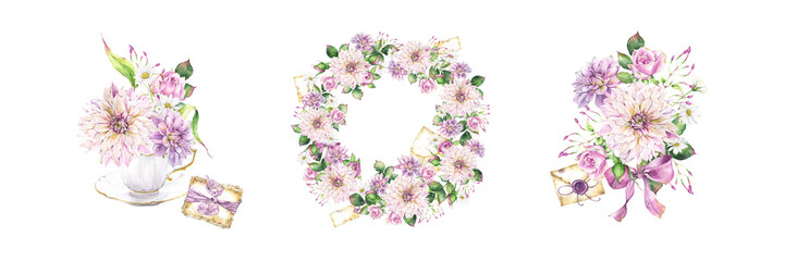 Romantic watercolor wreath, floral arrangement, clipart on transparent background, flower composition, perfect for cards, posters, invitations