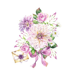 Watercolor clipart on transparent background, bunch of flowers, spring garden bouquet with dahlias, chrysanthemum and roses