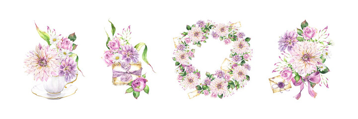 Watercolor floral arrangements on transparent background, wreath with garden flowers, letters and blooms, bunch of roses, dahlias and chrysanthemum in a vintage vase clipart for scrapbooking