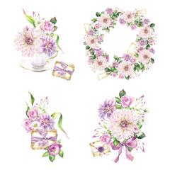 Watercolor clipart isolated on transparent background, with composition of garden flowers, spring and summer blooms, vintage letters, floral wreath,  bunch of flowers in a cup, wedding bouquet
