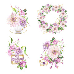 Watercolor collection of floral compositions including wedding wreath with flowers and blooms, romantic arrangement with dahlias, vintage cups, bunch of letters, roses, chrysanthemum and leaves