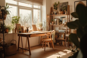 Fototapeta na wymiar Creative home office with wooden furniture, Generative AI