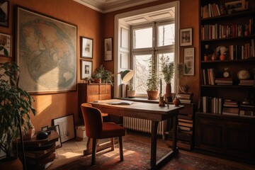 Fototapeta premium Creative home office with wooden furniture, Generative AI