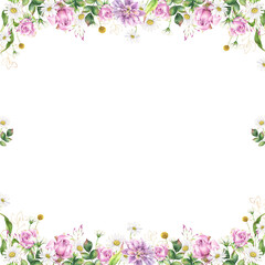 Square frame with floral borders with romantic, vintage garden flowers and blooms, with roses and chrysanthemum, premade design and template