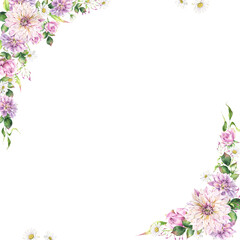 Romantic square premade watercolor floral arrangement on transparent background with garden flowers, composition of dahlias, roses, leaves and chrysanthemum
