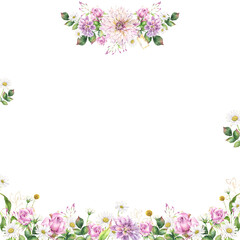 Square floral composition with transparent background, floral border and arrangement with blooms and leaves, watercolor illustration