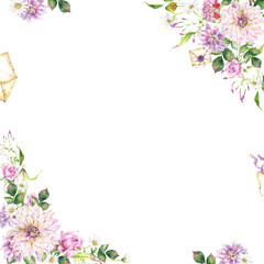 Square floral composition with garden spring and summer flowers, in pink, purple, white and green, frame with transparent background