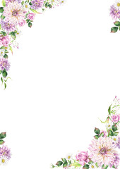 Romantic floral arrangement with dahlias, chrysanthemum, daisies, leaves and roses, greeting card and wedding invitation template