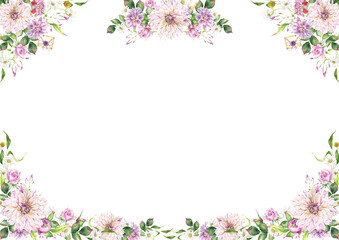 Horizontal rectangular botanical compositions with a transparent background, decorated with flowers, blossoms, romantic bouquets 