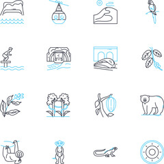 Adventure travel linear icons set. Thrill, Expedition, Exploration, Adrenaline, Trekking, Excursion, Safari line vector and concept signs. Quest,Explore,Challenge outline illustrations