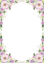 Vertical rectangular floral frame, wedding invitation template, watercolor arrangement with spring and summer garden flowers