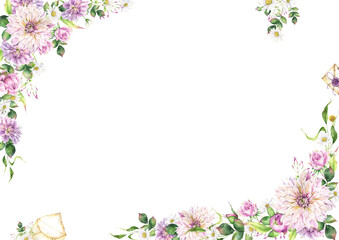 Rectangular romantic frame with transparent background, floral composition, watercolor illustration and design, premade blossom arrangement