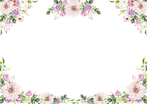 Horizontal rectangular botanical compositions with a transparent background, decorated with flowers, blossoms, romantic bouquets 