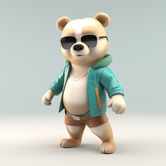 Fototapeta premium Joyful, stylish 3D bear character with full body, donning apparel and shades, against a backdrop. Generative AI