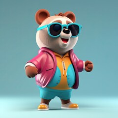 Naklejka premium Joyful, stylish 3D bear character with full body, donning apparel and shades, against a backdrop. Generative AI