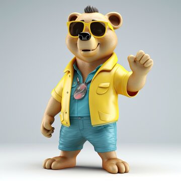 Joyful, stylish 3D bear character with full body, donning apparel and shades, against a backdrop. Generative AI