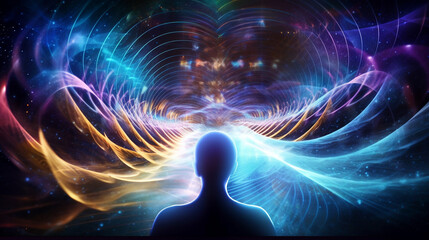 Male silhouette surrounded with psychic energy waves. Art concept with a dream like enviroment.