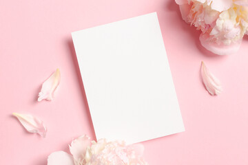 Wedding invitation card mockup with pink peony flowers, blank mock up for card design