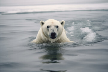 Obraz na płótnie Canvas A polar bear swims through icy water