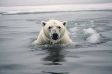 Fotobehang A polar bear swims through icy water © Kateryna