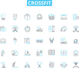 Crossfit linear icons set. WOD, Box, Reps, AMRAP, EMOM, Kipping, Intensity line vector and concept signs. Muscle-ups,Thrusters,Cleans outline illustrations