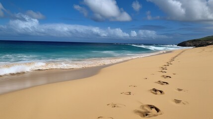 Fototapeta na wymiar Bright blue skies and soft sandy beaches, footprint. AI generated
