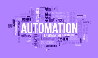 Fototapeta premium Word cloud background concept for automation. Electronic software industry, engineering production system of cloud control innovation. vector illustration.