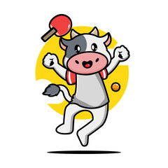 Cute cow playing table tennis