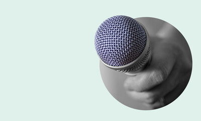 Brilliant voice concept. Microphone in the form of a disco ball on a light background. Negative space to insert your text.