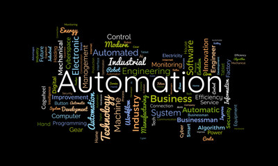 Word cloud background concept for automation. Electronic software industry, engineering production system of cloud control innovation. vector illustration.